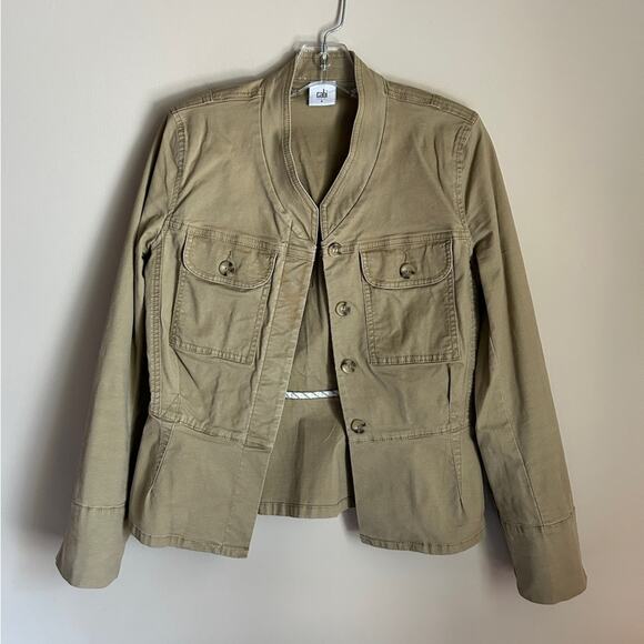 CAbi Camel Tan Button Down Peplum Stretch Fitted Military Jacket Coat Size Small - Picture 1 of 9